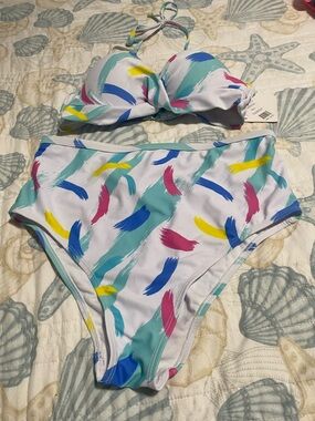 YMI White Brushstroke Print Bikini with Teal and Pink Accents